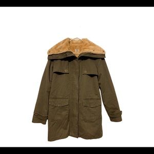 NEW Pull and Bear XDYE Long Parka with Faux Fur Lining Sz L Green